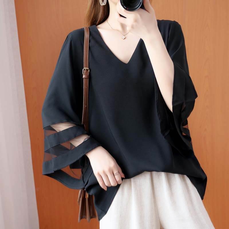 Long-Sleeved - トップス プルオーバー 長袖 ホルンスリーブ Vネック フレア オーバーサイズ 透け感 リラックス かわいい クール 大人可愛い きれいめ シンプル カジュアル 大人 上品 おしゃれ 通勤 お出かけ 旅行 デート 休日 学生 無地 ボーダー 春 秋 プルオーバー L XL 黒 白 送料無料
