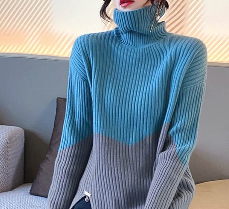 Turtleneck - トップス セーター 長袖 ハイネック Iライン サイドスリット リブ 切り替えデザイン かわいい 大人可愛い きれいめ シンプル 大人 上品 おしゃれ 大人可愛い 大人女子 こなれ感 ラフ マニッシュ ボーイッシュ 暖かい お出かけ 休日 セーター 無地 秋 冬 青 M 送料無料