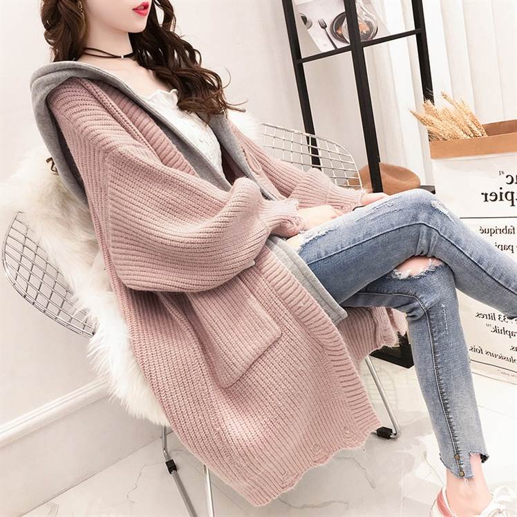 Nylon, Rayon, Polyester - トップス カーディガン 膝丈 長袖 ストレート フード付き 前開き ケーブル編み ダッフルボタン ニット かわいい 大人可愛い シンプル カジュアル おしゃれ 大人女子 こなれ感 ラフ ガーリー ルーズ S M L XL 2XL カーディガン 無地 ピンク オフホワイト ベージュ 送料無料