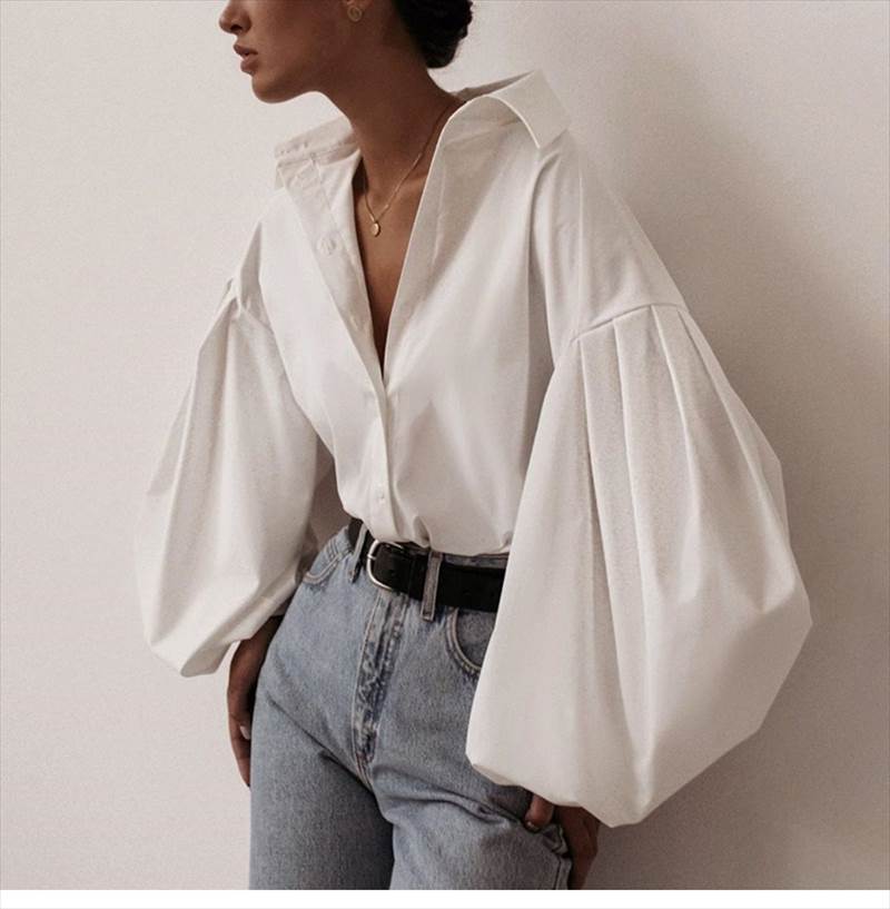 シャツ シャツカラー ランタンスリーブ ストレート ボタン 前開き ストリート レギュラー丈 長袖 クール セクシー かわいい 大人可愛い きれいめ シンプル カジュアル 上品 おしゃれ レトロ 大人女子 こなれ感 ラブリー キュート シャツ 春 秋 冬 無地 白 S M L 送料無料(4.0)