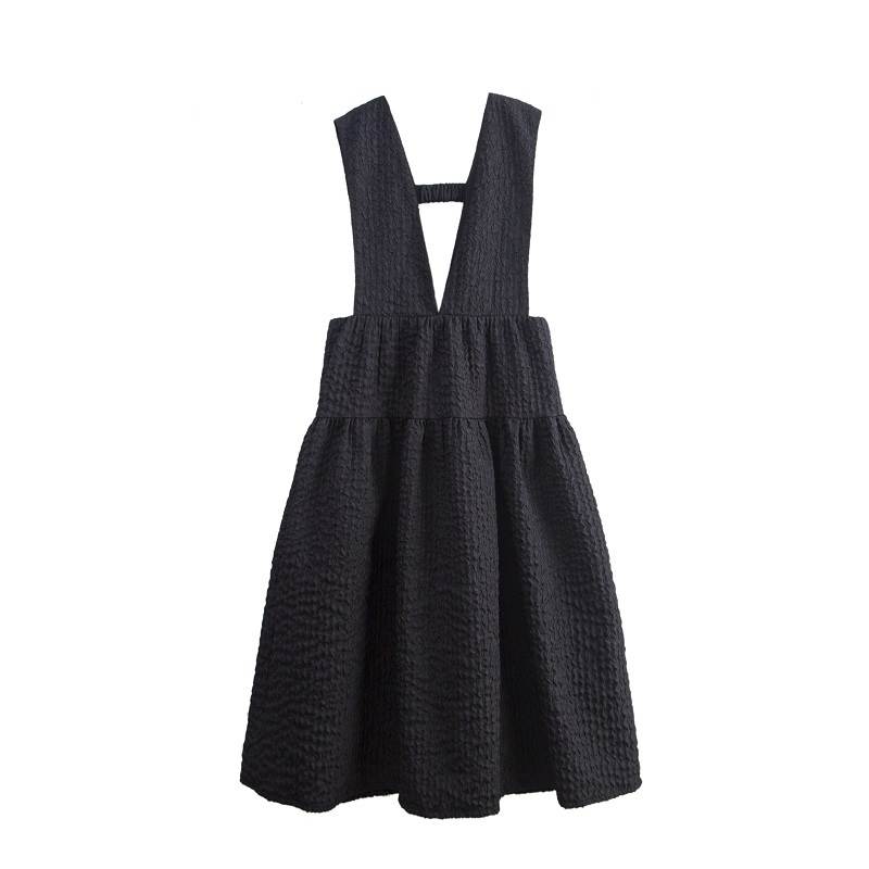 ワンピース サスペンダー ミモレ丈 Aライン もこもこ ハイウエスト 脚長 シフォン 袖なし Vネック 襟なし かわいい シンプル カジュアル おしゃれ レトロ 大人女子 こなれ感 ラフ ラブリー キュート ガーリー ルーズ 個性的 存在感 ワンピース 黒 S M 春 秋 冬 送料無料