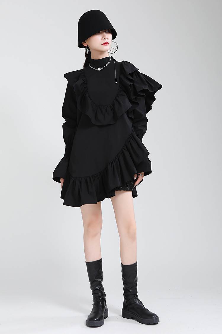 ワンピース トランペットスリーブ ストリート 長袖 スタンドネック ミニ丈 ホルンスリーブ ストレート フリル アシンメトリー クール こなれ感 かわいい 個性的 レトロ きれいめ 大人かわいい デート 重ね着 春 秋 冬 ワンピース キュート ガーリー 無地 白 黒 送料無料