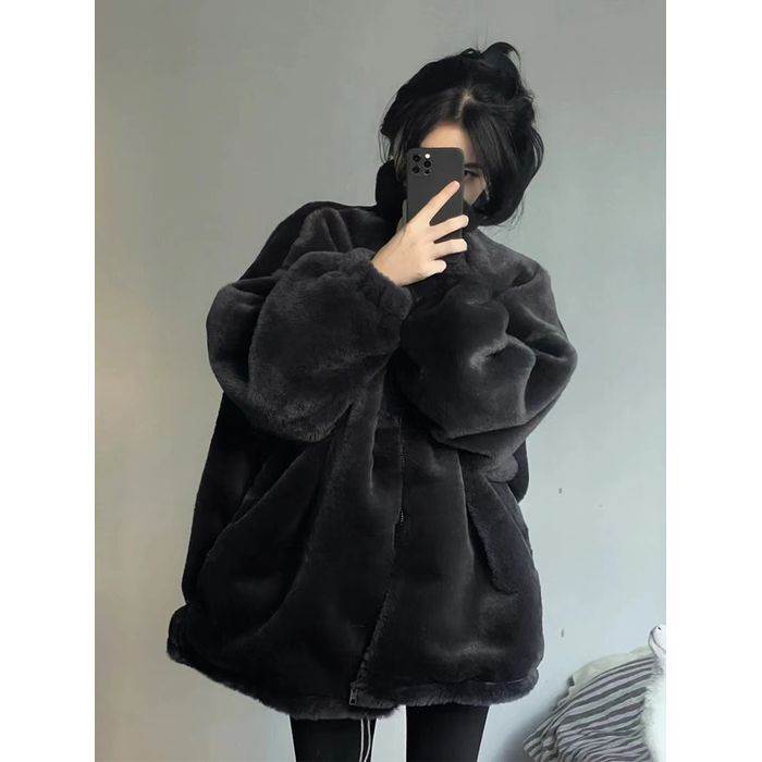 アウター ブルゾン フリース 長袖 ボリューム袖 前開き スタンドカラー ファスナー ふわふわ オーバーサイズ かわいい 大人可愛い きれいめ シンプル カジュアル 上品 おしゃれ レトロ 大人女子 こなれ感 ラフ 存在感 無地 ブルゾン S M L XL 黒 秋 冬 学生 デート 送料無料