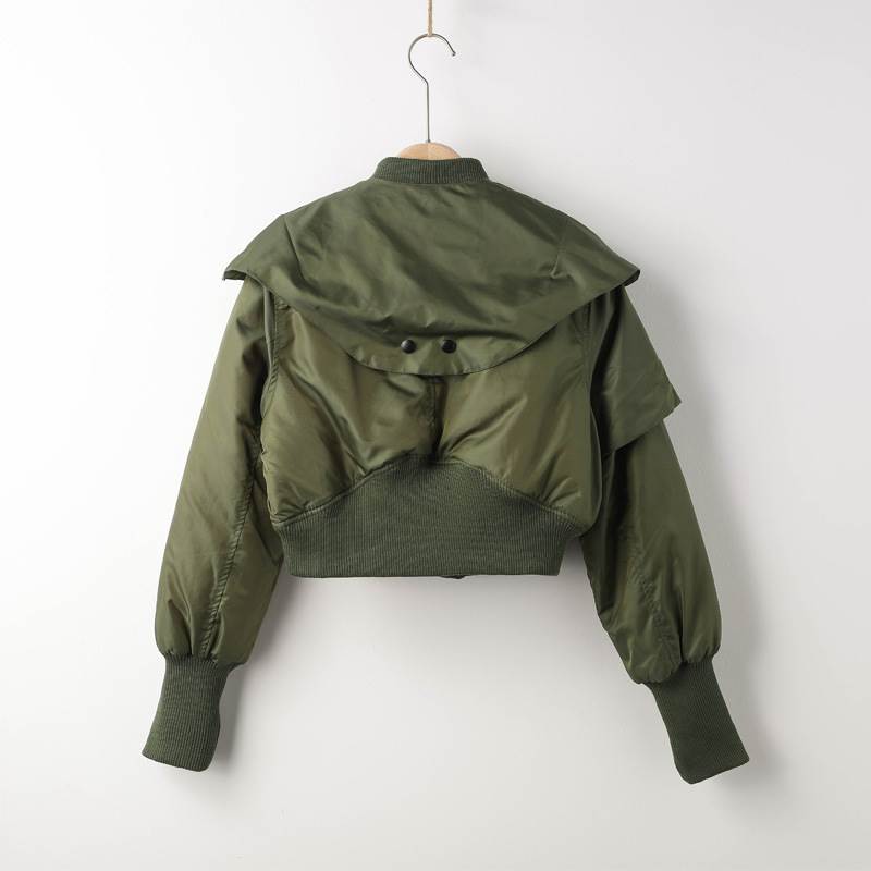 アウター ブルゾン アーミー 上着 ショート丈 長袖 ボリューム袖 ファスナー ポケット リブ 前開き 大人可愛い カジュアル 大人 おしゃれ かっこいい アメカジ ストリート レトロ 大人女子 こなれ感 ラフ メンズライク ボーイッシュ 暖かい ブルゾン 秋 冬 緑 S M L 送料無料