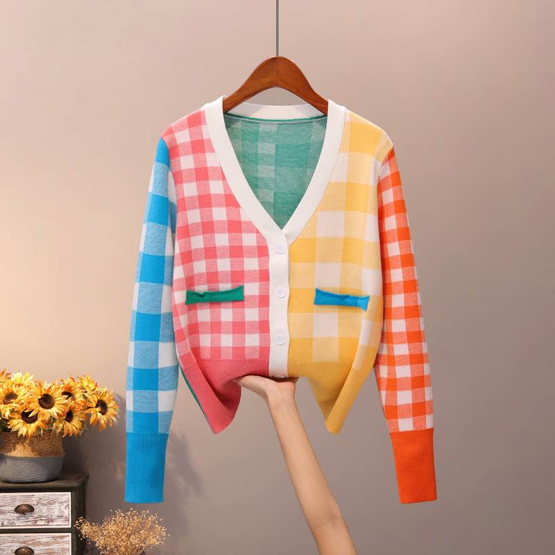 トップス カーディガン カラフル レインボー ニット ショート丈 重ね着 長袖 Vネック ストレート 切り替えデザイン ポケット 前開き ボタン かわいい 大人可愛い カジュアル おしゃれ レトロ こなれ感 ラフ ラブリー キュート カーディガン S M L XL チェック柄 送料無料