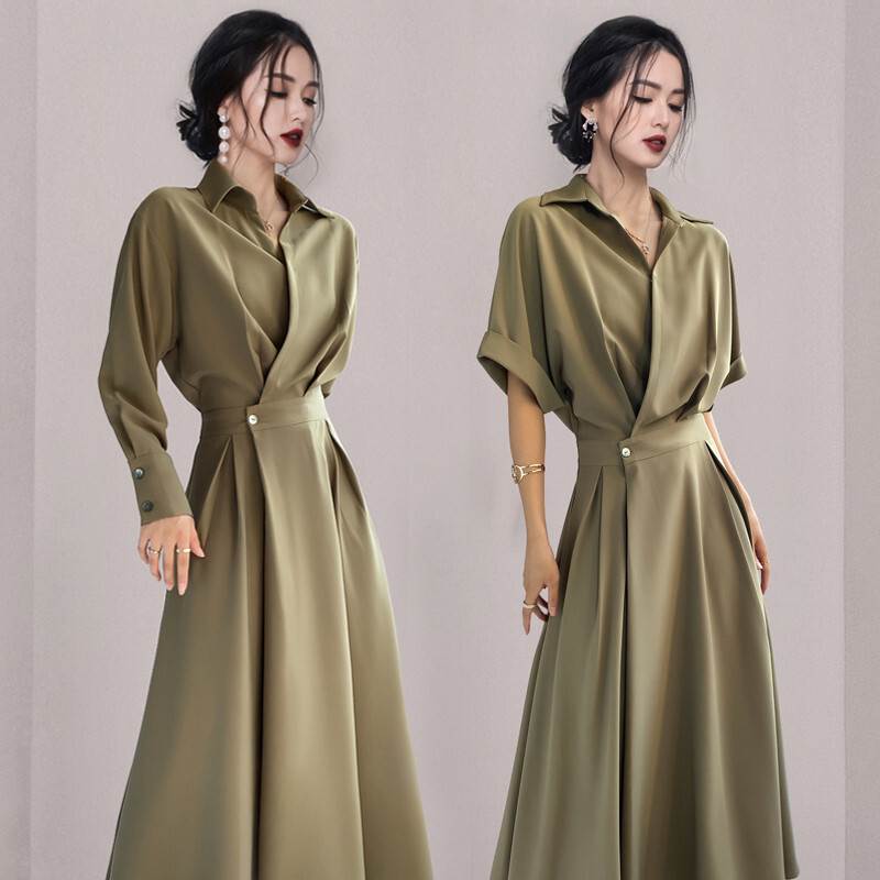 ワンピース スカート ロング丈 送料無料 襟付き 長袖 半袖 フレア ウエストマーク レディース かわいい 大人可愛い きれいめ 上品 こなれ感 シンプル カジュアル 主役級 存在感 個性的 モダン クール マニッシュ デート お出かけ ワンピース カーキ ブラック S M L XL 2XL