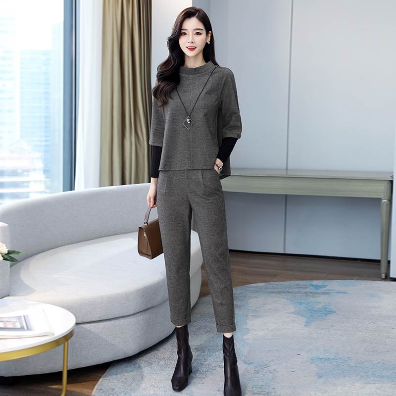 Long-Sleeved - セットアップ テーパードパンツ トップス 送料無料 7分袖 ボトルネック 長袖 アンクル丈 レディース かわいい 大人可愛い きれいめ 上品 こなれ感 シンプル カジュアル 主役級 存在感 個性的 モダン フェミニン クール デート お出かけ セットアップ グレー M L XL 2XL