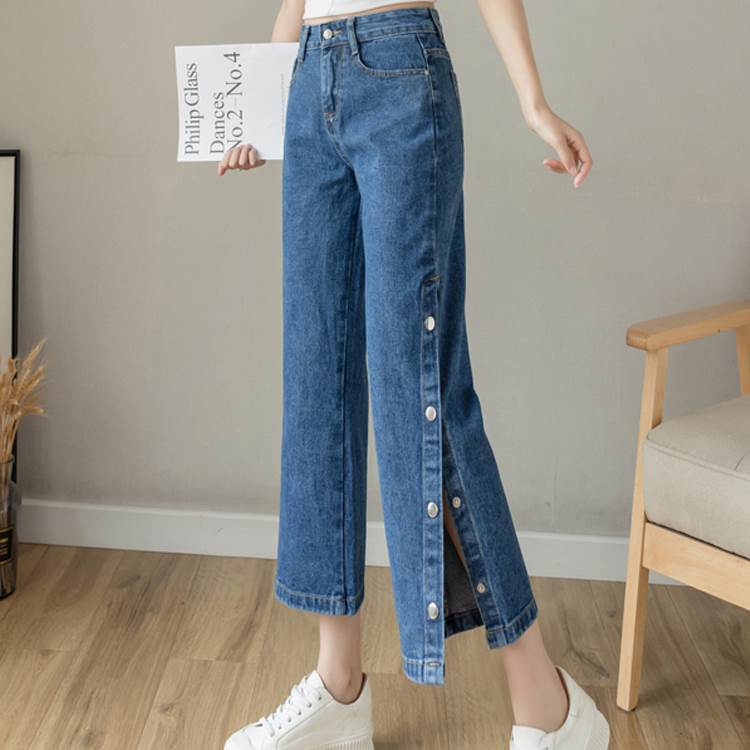乐天商城 - デニムパンツ ボトムス ストレート 送料無料 7分丈 ポケット ボタン ファスナー レディース かわいい 大人可愛い きれいめ 上品 こなれ感 シンプル カジュアル 主役級 存在感 個性的 モダン クール OL ママ デート お出かけ デニムパンツ ネイビー ブルー XS S M L XL 2XL