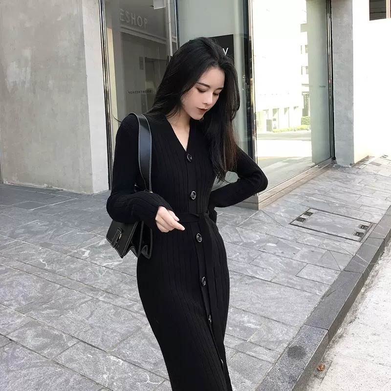 乐天商城 - ワンピース スカート ミモレ丈 ロング丈 ニット リブ 送料無料 ボタン 長袖 Vネック ウエストマーク レディース かわいい 大人可愛い きれいめ 上品 こなれ感 シンプル カジュアル 主役級 存在感 個性的 フェミニン デート お出かけ ワンピース ブラック ブラウン S M L XL