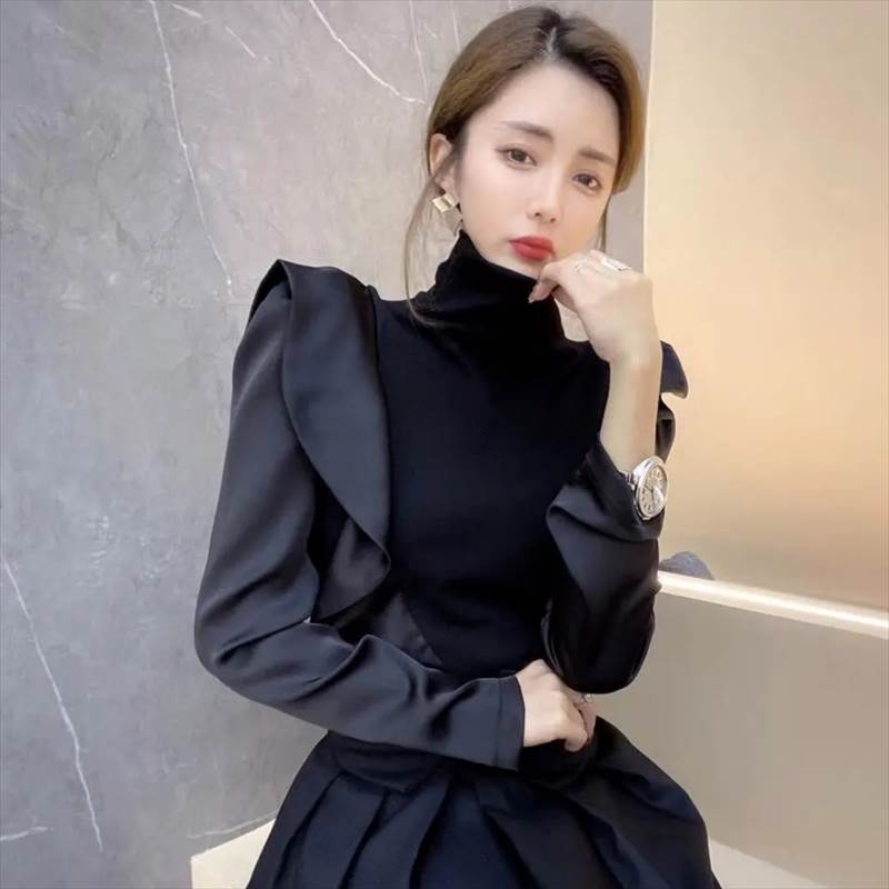 Rakuten - カットソー トップス プルオーバー シャツ 送料無料 長袖 ハイネック アシンメトリー 異素材 ラッフル かわいい 大人可愛い きれいめ 上品 こなれ感 シンプル カジュアル 主役級 存在感 個性的 エレガント クール S M L XL カットソー ブラック シャンパンベージュ ブラウン