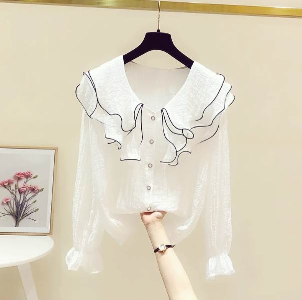 Rakuten - ブラウス シャツ トップス 送料無料 フリル ラッフルレース 長袖 襟付き ボリューム袖 レディース かわいい 大人可愛い きれいめ 上品 こなれ感 シンプル カジュアル 主役級 存在感 個性的 お出かけ ガーリー コーデ M L XL 2XL 3XL 4XL ブラウス ホワイト ライトブルー