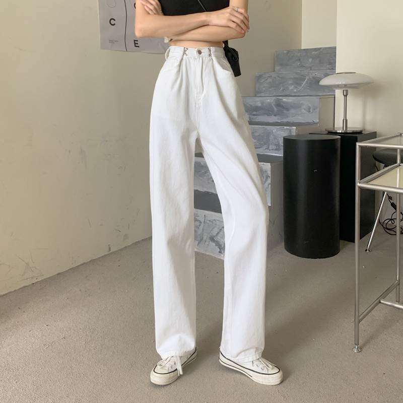 乐天商城 - デニムパンツ ボトムス ストレート 送料無料 ハイウエスト ポケット ボタン レディース かわいい 大人可愛い きれいめ 上品 こなれ感 シンプル カジュアル 主役級 存在感 個性的 美脚 脚長 OL ママ デート お出かけ S M L XL デニムパンツ ホワイト ブルー ブラック ピンク
