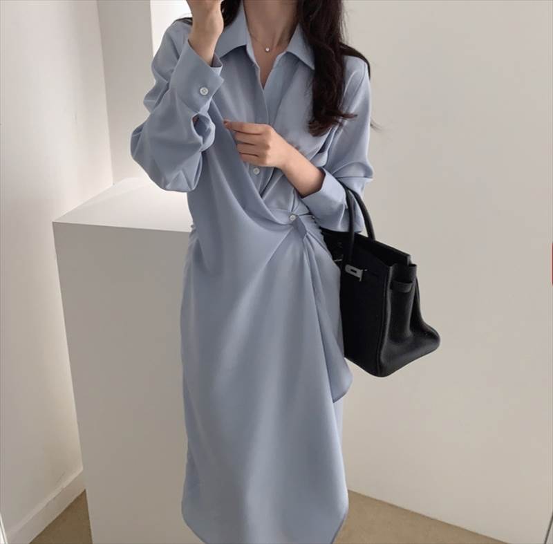 シャツワンピース スカート ミモレ丈 送料無料 アシンメトリー 長袖 シフォン 襟付き ボタン レディース かわいい 大人可愛い きれいめ 上品 こなれ感 シンプル カジュアル 主役級 存在感 個性的 フェミニン デート お出かけ シャツワンピース ブルー ブラック S M L XL