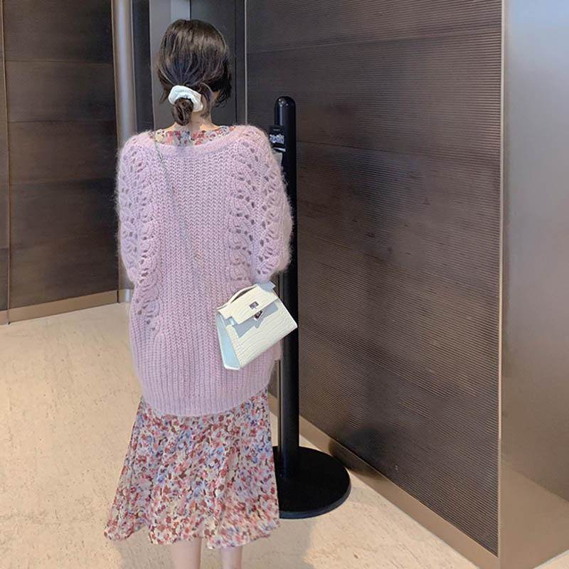 セットアップ ニット セーター ワンピース ミモレ丈 送料無料 花柄 フレア プルオーバー レディース かわいい 大人可愛い きれいめ 上品 こなれ感 シンプル カジュアル 主役級 存在感 個性的 モダン フェミニン コーデ デート お出かけ セットアップ ピンク M L XL 2XL 3XL