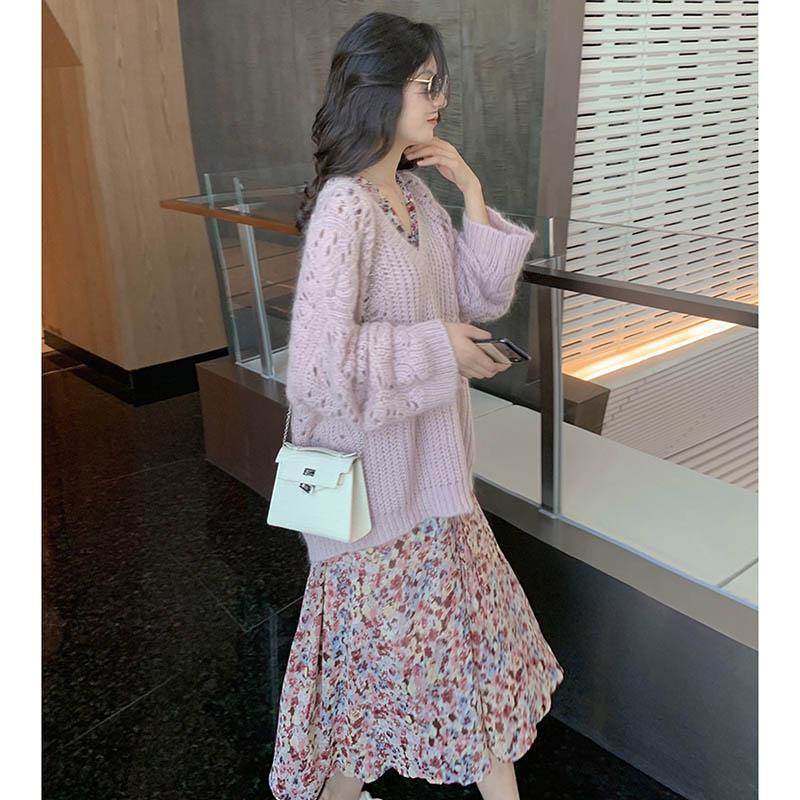 セットアップ ニット セーター ワンピース ミモレ丈 送料無料 花柄 フレア プルオーバー レディース かわいい 大人可愛い きれいめ 上品 こなれ感 シンプル カジュアル 主役級 存在感 個性的 モダン フェミニン コーデ デート お出かけ セットアップ ピンク M L XL 2XL 3XL