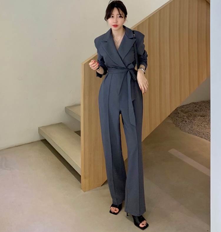 オールインワン ジャンプスーツ パンツ 送料無料 長袖 センタープレス ウエストリボン レディース かわいい 大人可愛い きれいめ 上品 こなれ感 シンプル カジュアル 主役級 存在感 個性的 マニッシュ デート お出かけ オールインワン グレー ワンサイズ クール かっこいい