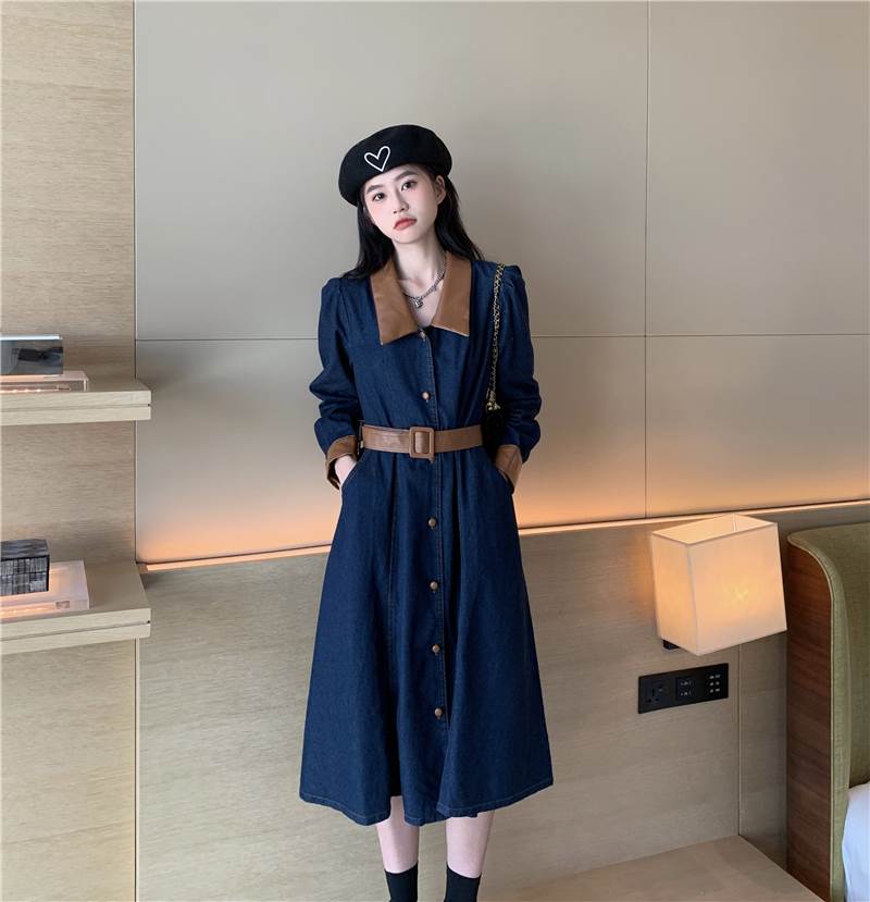 乐天商城 - ワンピース スカート ミモレ丈 ロング丈 デニム 送料無料 長袖 ベルト 襟付き ウエストマーク レディース かわいい 大人可愛い きれいめ こなれ感 シンプル カジュアル 主役級 存在感 個性的 モダン フェミニン デート お出かけ ワンピース ブルー S M L XL 2XL 3XL 4XL 5XL