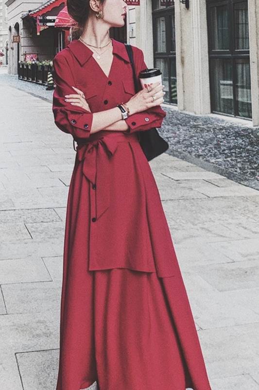 シャツワンピース スカート ロング丈 送料無料 フレア 7分袖 リボン ウエストマーク レディース かわいい 大人可愛い きれいめ 上品 こなれ感 シンプル カジュアル 主役級 存在感 個性的 モダン フェミニン デート お出かけ シャツワンピース レッド M L XL 2XL 3XL 4XL