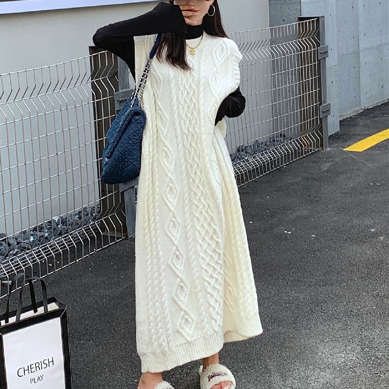 乐天商城 - ワンピース スカート ロング丈 送料無料 ケーブルニット ノースリーブ レディース かわいい 大人可愛い きれいめ こなれ感 シンプル カジュアル 主役級 存在感 個性的 ゆったり 体型カバー フェミニン デート お出かけ ワンピース ホワイト ブラック グレー フリーサイズ