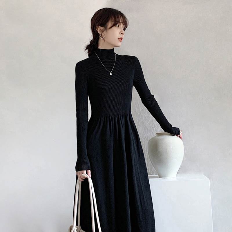 Other - ワンピース ミモレ丈 長袖 ハイネック Aライン 切り替え リブニット 送料無料 個性的 S M L XL 黒 ベージュ かわいい 大人可愛い きれいめ シンプル カジュアル 大人 上品 おしゃれ 大人女子 こなれ感 ラフ ガーリー 抜け感 ワンピース 無地 秋 冬 レディース 女性用 デート