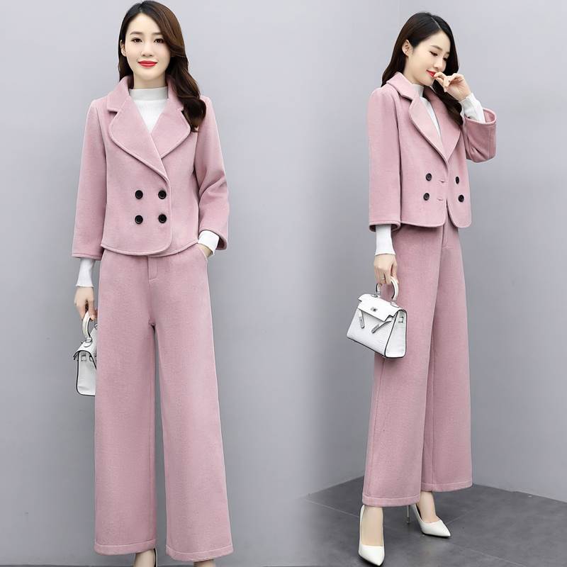 セットアップ ジャケット パンツ ショート丈 ロング丈 7分袖 Vネック 襟付き ストレート ワイド ポケット 前開き ウエストゴム ボタン ツーピース 送料無料 個性的 M L XL 2XL ピンク 茶 かわいい 大人可愛い きれいめ シンプル セットアップ 無地 秋 冬 レディース