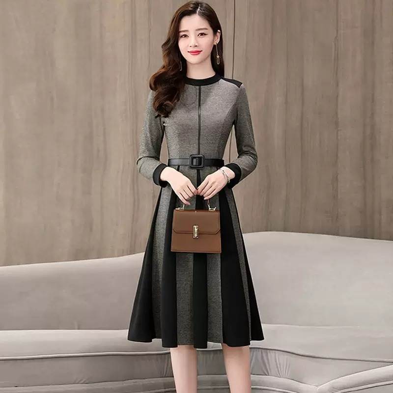 ワンピース 膝丈 長袖 ラウンドネック Aライン フレア プリーツ ハイウエスト バイカラー ウエストベルト 送料無料 個性的 M L XL 2XL 茶 グレー 大人可愛い きれいめ 大人 上品 おしゃれ 大人女子 こなれ感 主役級 抜け感 存在感 ワンピース 春 秋 冬 レディース 女性用