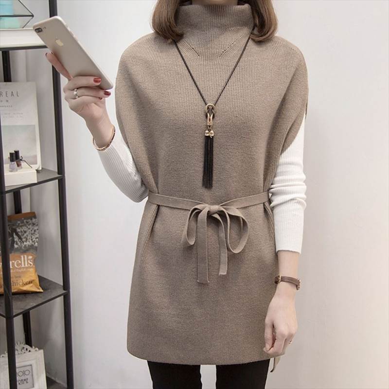 Turtleneck - トップス セーター ニット 膝上 ミディアム丈 袖あり 長袖 ハイネック ウエストリボン ウエストマーク 体型カバー 送料無料 個性的 フリーサイズ カーキ 黒 茶 かわいい 大人可愛い きれいめ カジュアル 大人 おしゃれ 大人女子 こなれ感 トップス 無地 春 秋 冬 レディース