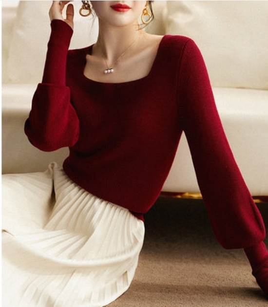 Square Neck - トップス セーター ニットソー スクエアネック 長袖 マトンスリーブ タイト スリム 送料無料 個性的 S M L XL ワインレッド 黒 スモークグレー かわいい 大人可愛い シンプル 大人 上品 おしゃれ レトロ 大人女子 こなれ感 抜け感 セーター 無地 春 秋 冬 レディース 女性用