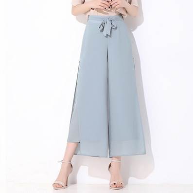 乐天商城 - ボトムス パンツ アンクル丈 ワイド ドッキング シフォン フレア ベルト ウエストマーク 透け感 送料無料 個性的 M L XL 2XL 3XL 4XL スカイブルー 青 白 黒 茶 かわいい 大人可愛い きれいめ シンプル カジュアル 大人 上品 おしゃれ 大人女子 パンツ 無地 春 夏 レディース