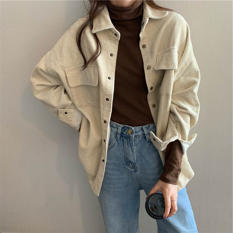 Long-Sleeved - トップス シャツ ブラウス 長袖 開襟 ボリューム袖 ワイド ドロップショルダー オーバーサイズ コーデュロイ ボタン 送料無料 個性的 S M L XL ベージュ 茶 かわいい 大人可愛い きれいめ シンプル カジュアル 大人 上品 おしゃれ こなれ感 シャツ 無地 春 秋 レディース