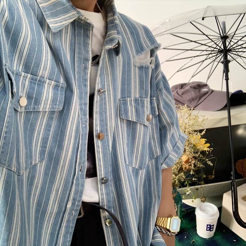乐天商城 - トップス シャツ 半袖 襟付き ポケット オーバーサイズ ワイド ミディアム丈 ウォッシュド 送料無料 個性的 M L XL ウォッシュドブルー かわいい カジュアル 大人 おしゃれ かっこいい こなれ感 ラフ メンズライク マニッシュ シャツ ストライプ 夏 レディース 男女兼用