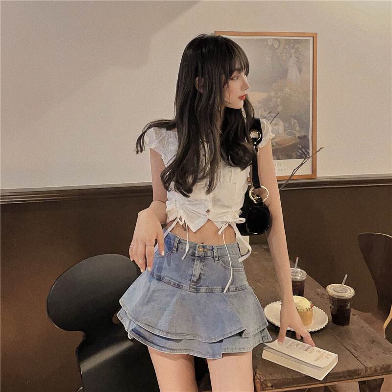 乐天商城 - ボトムス スカート パンツ ショート丈 ハイウエスト デニム フリル 送料無料 個性的 S M L 青 かわいい 大人可愛い 大人 おしゃれ 大人女子 ラブリー キュート ガーリー セクシー 存在感 カジュアル シンプル ラフ こなれ感 抜け感 スカート 無地 春 夏 レディース 女性用