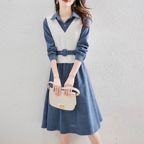 ワンピースベストシャツ膝丈長袖襟付...