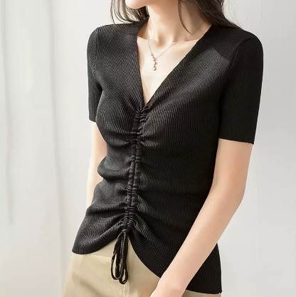 V-Neck - トップス ニットソー 半袖 Vネック レギュラー丈 リブ ニット シャーリング 送料無料 個性的 S M L XL 2XL 黒 ピンク 白 ベージュ 紫 緑 かわいい 大人可愛い きれいめ シンプル カジュアル 大人 上品 おしゃれ かっこいい 大人女子 こなれ感 ニットソー 無地 夏 レディース