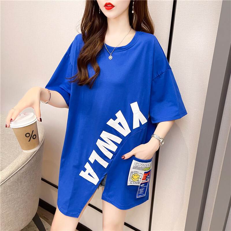 乐天商城 - トップス Tシャツ ミディアム丈 半袖 ドロップショルダー ラウンドネック ストレート ワイド アシンメトリー スリット 送料無料 個性的 M L XL 2XL 青 オレンジ 黒 白 かわいい 大人可愛い シンプル カジュアル おしゃれ かっこいい こなれ感 Tシャツ ロゴ 春 夏 レディース