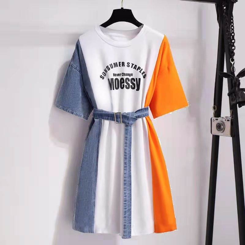 乐天商城 - トップス Tシャツ ロングシャツ ワンピース 半袖 ラウンドネック ウエストベルト デニム 異素材ミックス 切り替え 送料無料 個性的 大きいサイズ M L XL 2XL 3XL かわいい 大人可愛い カジュアル おしゃれ かっこいい モダン こなれ感 モード系 Tシャツ ロゴ 夏 レディース