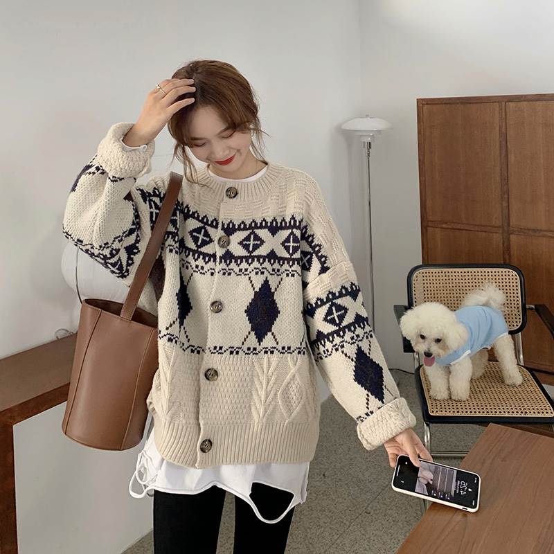 アウター ニット セーター カーディガン 長袖 ラウンドネック ボリューム袖 ボタン オーバーサイズ 送..