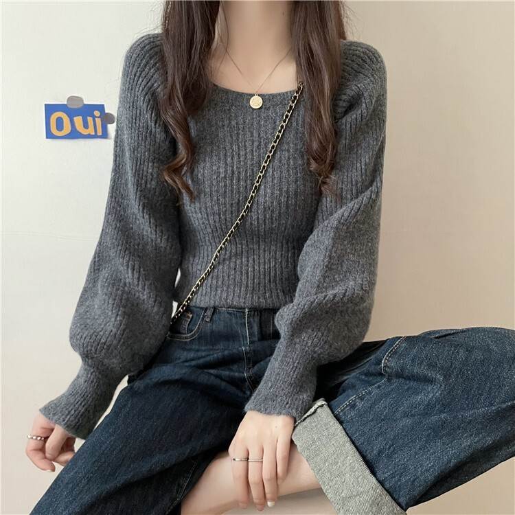 Square Neck - トップス セーター ニット 長袖 パフスリーブ スクエアネック マトンスリーブ レギュラー丈 送料無料 個性的 S M L グレー 黒 アプリコット かわいい 大人可愛い シンプル 大人 上品 おしゃれ レトロ こなれ感 モダン 大人女子 ニット 無地 春 秋 冬 レディース 女性用