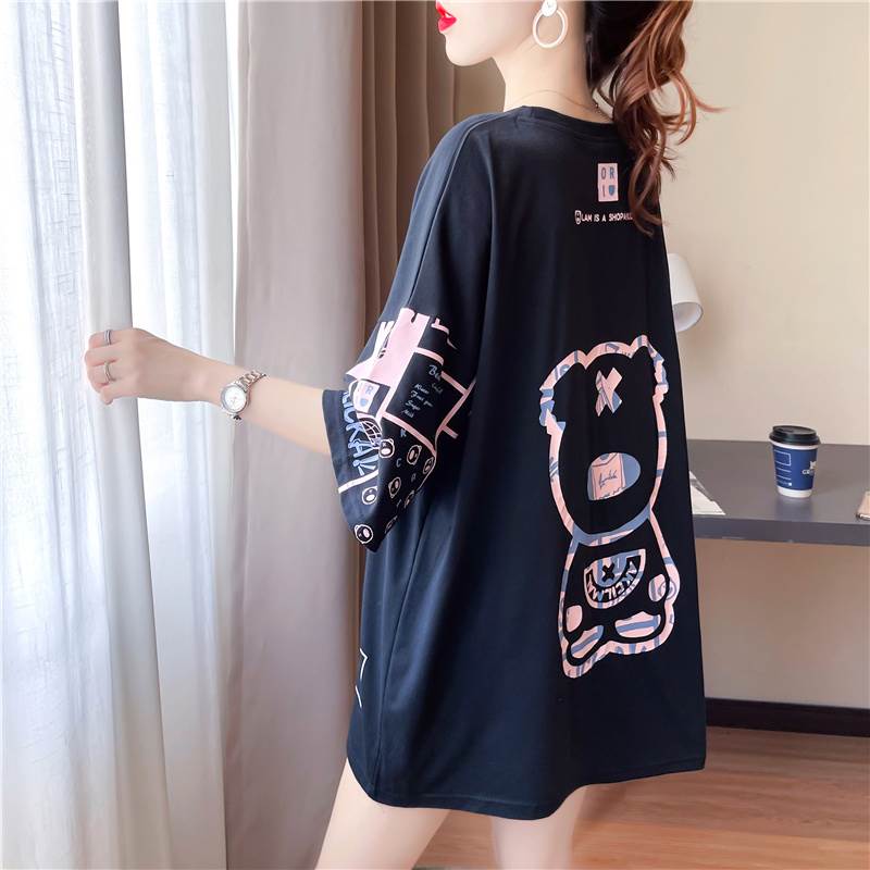 乐天商城 - トップス Tシャツ ビッグT ミディアム丈 5分袖 ドロップショルダー ラウンドネック ストレート ワイド オーバーサイズ 送料無料 個性的 大きいサイズ M L XL 2XL 3XL 黒 白 かわいい 大人可愛い シンプル カジュアル おしゃれ かっこいい Tシャツ プリント 春 夏 レディース