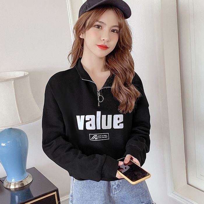 套衫 - トップス プルオーバー スウェット 長袖 ハーフジップ ショート丈 襟付き ワイド 送料無料 個性的 S M L XL 黒 黄 白 かわいい 大人可愛い きれいめ シンプル カジュアル 大人 上品 おしゃれ 大人可愛い 大人女子 こなれ感 メンズライク スウェット ロゴ 春 秋 レディース