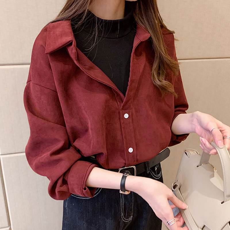 Long-Sleeved - トップス シャツ 長袖 ドロップショルダー 襟付き シャツカラー ボタン オーバーサイズ ビッグシルエット 送料無料 個性的 大きいサイズ 赤 ベージュ 白 かわいい 大人可愛い きれいめ シンプル カジュアル 大人 上品 おしゃれ 大人女子 レトロ シャツ 無地 春 秋 レディース
