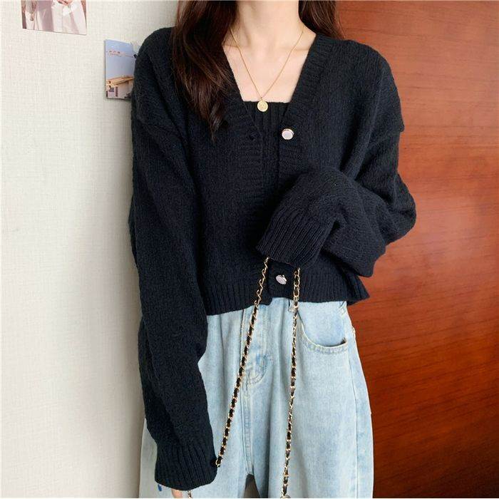 セットアップ アンサンブル トップス カーディガン キャミソール 長袖 Vネック スクエアネック ショート丈 前開き ボタン ニット 送料無料 個性的 S M L 青 黒 白 かわいい シンプル カジュアル おしゃれ レトロ こなれ感 ラフ ガーリー アンサンブル 無地 春 秋 レディース