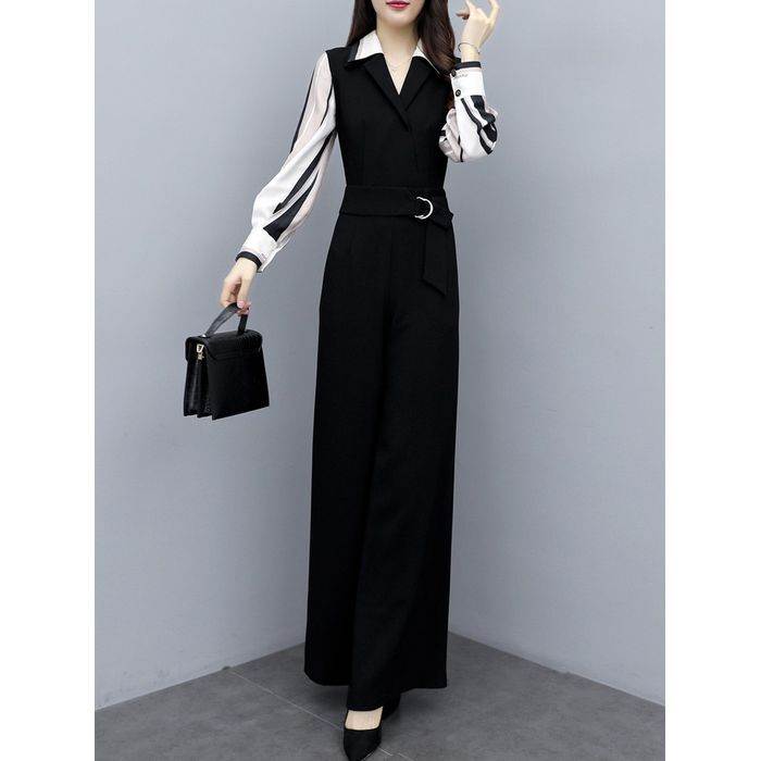 オールインワン シャツ 長袖 襟付き ウエストマーク ドッキング ハイウエスト ベルト 送料無料 個性的 大きいサイズ S M L XL 2XL 3XL かわいい 大人可愛い きれいめ シンプル カジュアル 大人 上品 おしゃれ 大人女子 オールインワン 無地 ストライプ 春 秋 レディース