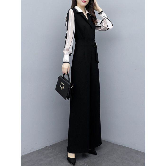 オールインワン シャツ 長袖 襟付き ウエストマーク ドッキング ハイウエスト ベルト 送料無料 個性的 大きいサイズ S M L XL 2XL 3XL かわいい 大人可愛い きれいめ シンプル カジュアル 大人 上品 おしゃれ 大人女子 オールインワン 無地 ストライプ 春 秋 レディース