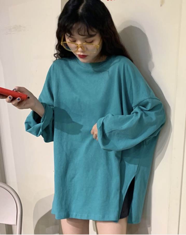 トップス プルオーバー トレーナー ミディアム丈 長袖 ボリューム袖 ラウンドネック サイドスリット 送料無料 個性的 フリーサイズ ピーコックブルー ピンク コーヒー かわいい 大人可愛い シンプル カジュアル こなれ感 ラフ メンズライク トレーナー 無地 春 秋 レディース