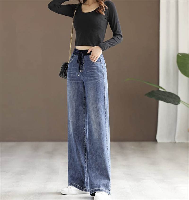 デニムパンツ ボトムス ジーンズ Gパン ワイド 送料無料 ポケット ウェストゴム レディース かわいい 大人可愛い きれいめ 上品 こなれ感 シンプル カジュアル 主役級 存在感 個性的 モダン クール OL ママ デート お出かけ デニムパンツ ライトブルー ダークブルー ブラック