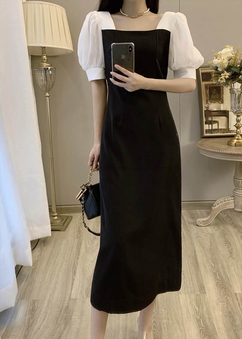 ワンピース スカート ひざ下 ミモレ丈 送料無料 スクエアネック 半袖 Aライン パフスリーブ レディース かわいい 大人可愛い きれいめ 上品 こなれ感 シンプル カジュアル 主役級 存在感 個性的 モダン フォーマル フェミニン デート お出かけ ワンピース ブラック S M L XL