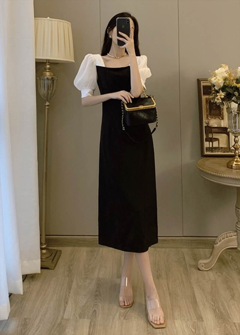 ワンピース スカート ひざ下 ミモレ丈 送料無料 スクエアネック 半袖 Aライン パフスリーブ レディース かわいい 大人可愛い きれいめ 上品 こなれ感 シンプル カジュアル 主役級 存在感 個性的 モダン フォーマル フェミニン デート お出かけ ワンピース ブラック S M L XL