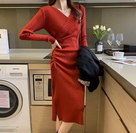 乐天商城 - ワンピース ニットワンピース 膝下 ミモレ丈 サイドシャーリング ラップスタイル カシュクールネック XS S M L XL 長袖 サイドリボン ストレート サイドスリット リブニット キュート かわいい ラブリー 大人可愛い 送料無料 個性的 ワンピース 大人 大人女子 フェミニン