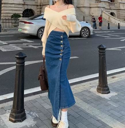 乐天商城 - アシンメトリースカート デニムスカート ロング丈 デザイン 美ライン ニュアンス S M L XL スリット デニム ブルーデニム カラバリ かわいい 大人可愛い きれいめ シンプル カジュアル おしゃれ 大人女子 こなれ感 送料無料 個性的 スカート ラブリー キュート ガーリー